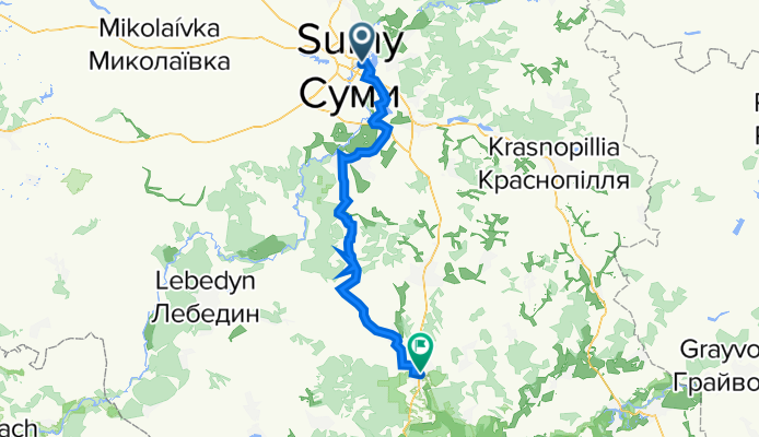 От проспект Михайла Лушпи 31В, Суми до вулиця Миру 13, Тростянець