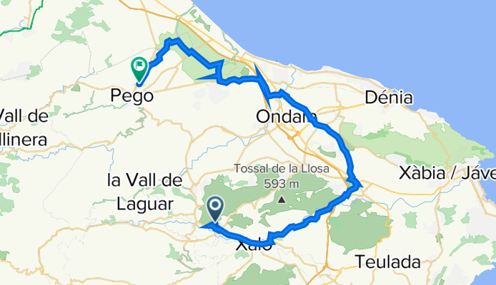 Route van La Solana Gardens, 72, 03728 AlcalalĂ, Alicante, Spanje naar CamĂ de Rombi, 128, 03780 Pego, Alicante, Spanje