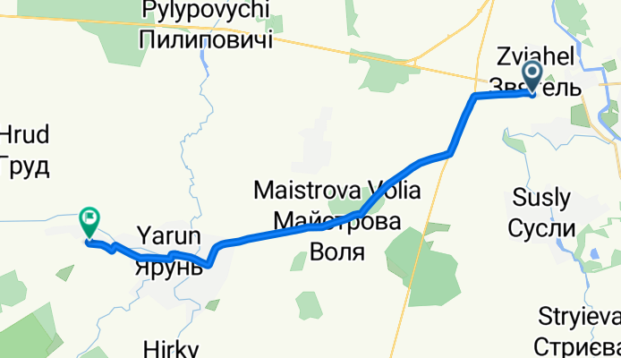 От вулиця Наталії Оржевської 2, Новоград-Волинський до вул. Польова, Ярунь