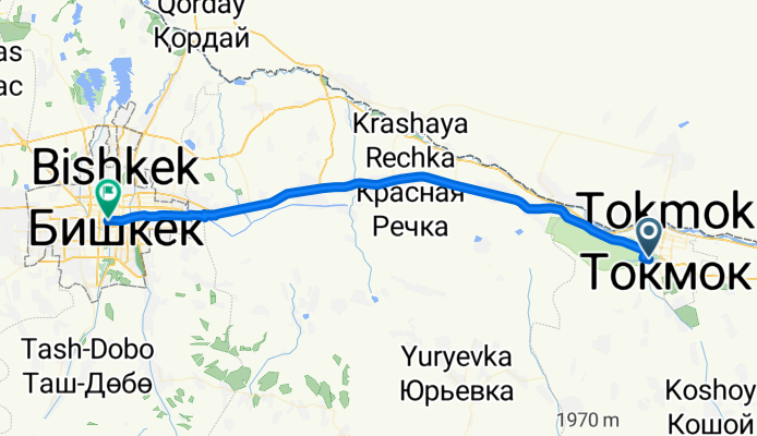 От улица Береговая, Токмак до улица Льва Толстого 64, Бишкек