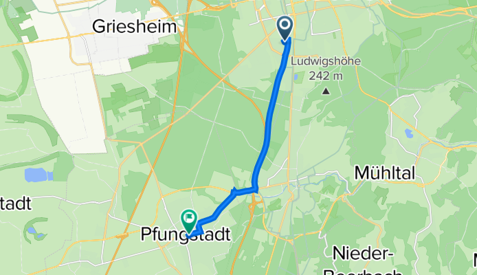Heinestraße 61, Darmstadt nach Kaplaneigasse, Pfungstadt