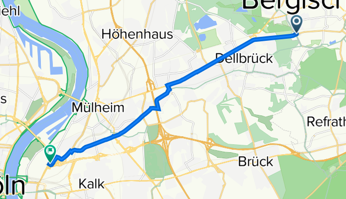 Mülheimer Straße 38–40, Bergisch Gladbach nach Deutz-Mülheimer-Straße 30, Köln