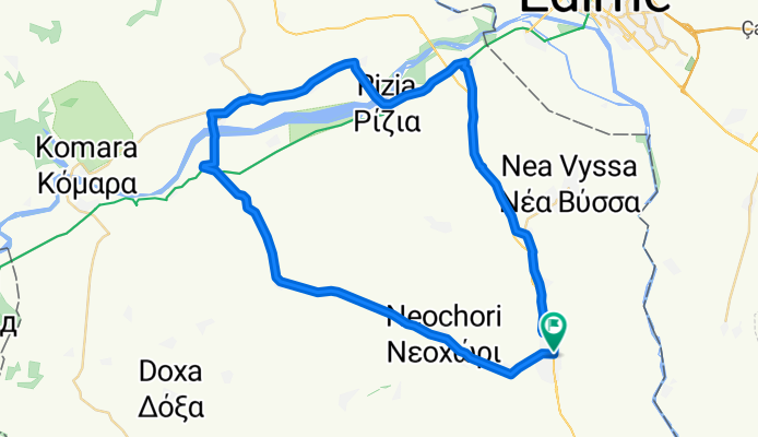 Orestiada-Pyrgos-Lepti-Neochori-Valtos-Fylakio-Elia-Plati-Arzos-Kanadas-Rizia(by crossing bridge of Ardas river)-Kastanies-Kavyli-Sakkos-Orestiada