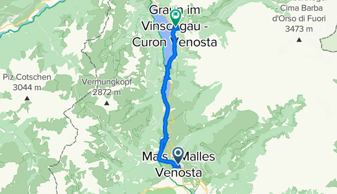 Bahnhofstraße 33, Mals nach Tschoggen Straße 3, Graun im Vinschgau