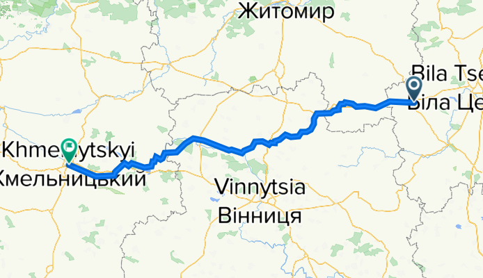 От вулиця Шевченка 13, Сквира до вулиця Проскурівська 47, Хмельницький