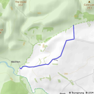 Tarmac alternative (NCN68) missing off road/ crossing fields at Clennell.