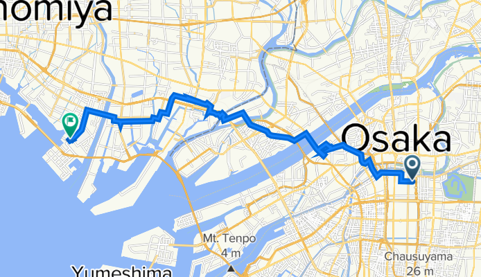 平野町1丁目5-7, 大阪市中央区 to 鳴尾浜1丁目1-3, 西宮市