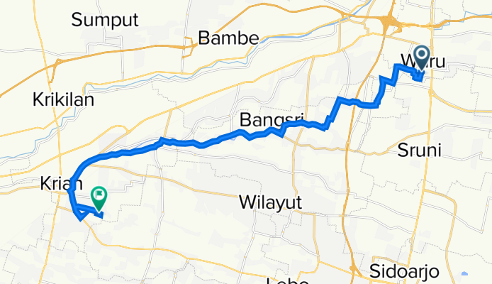 Jalan Kawi 37, Kecamatan Waru to Dusun Jeruk, Kecamatan Krian