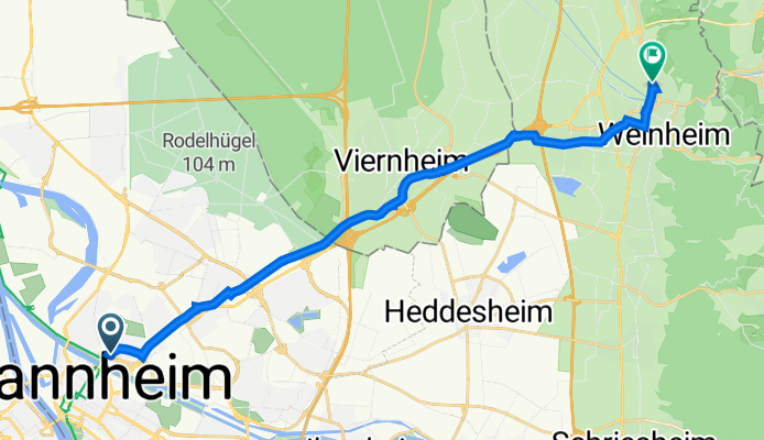 Käfertaler Straße 5, Mannheim nach Alte Landstraße 25, Weinheim