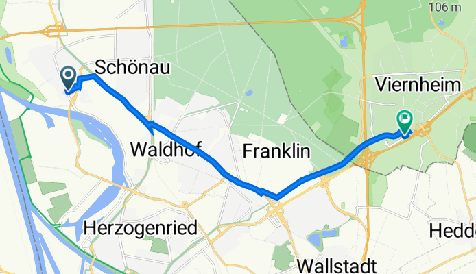 Juteweg 4, Mannheim nach Heidelberger Straße 20, Viernheim