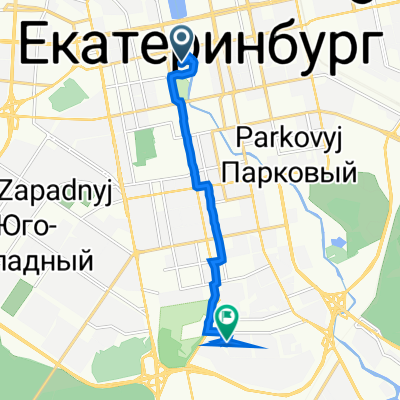 От улица Добролюбова 9а, Екатеринбург до Самоцветный бульвар 1, Екатеринбург