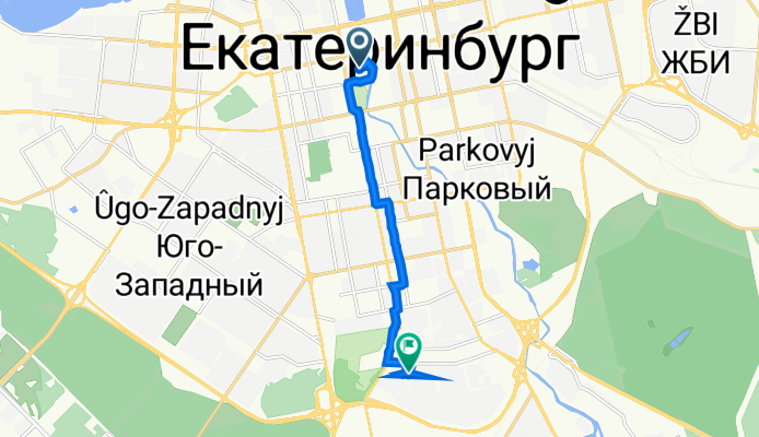 От улица Добролюбова 9а, Екатеринбург до Самоцветный бульвар 1, Екатеринбург