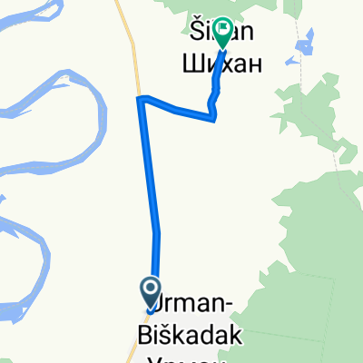 От Центральная улица 14, Урман-Бишкадак до Неизвестная дорога