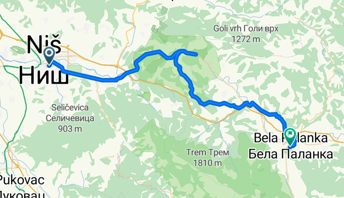 Route from 43.317997N, 21.902896E to Bela Palanka
