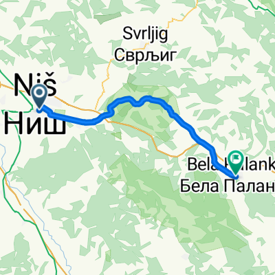 Route from 43.317997N, 21.902896E to Bela Palanka