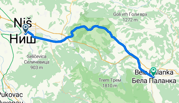 Route from 43.317997N, 21.902896E to Bela Palanka
