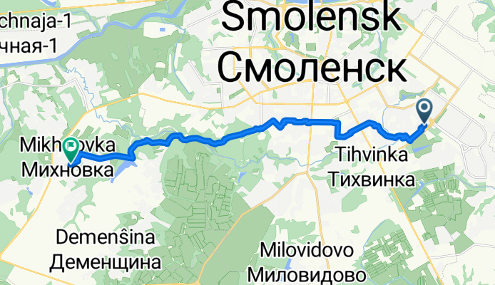 От проспект Строителей 14, Смоленск до Рождественская улица, Михновка