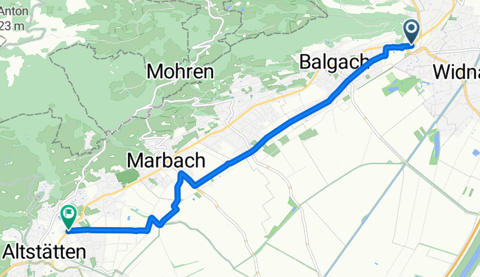 47.411, 9.624 nach 47.381, 9.545