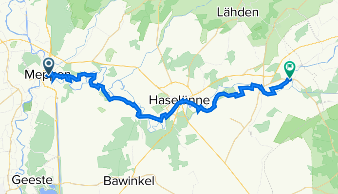 Route von Meppen über Haselünne und Herzlake nach Aselage
