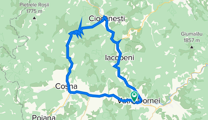 Vatra Dornei, Coşna, Valea Bancului, Coama Munţilor Suhard, Schitul Sfânta Cruce, Ciocăneşti, Iacobeni, Argestru, Vatra Dornei