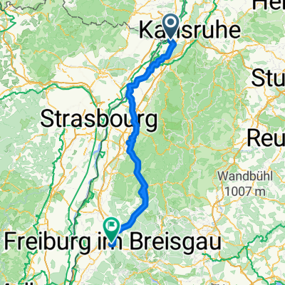nach Freiburg über Rastatt - Renchen - die badische Weinstraße nach Gengenbach -  ins Kinzigtal bis Haslach - nach Hofstetten über den Salmenbusch nach Elzach d