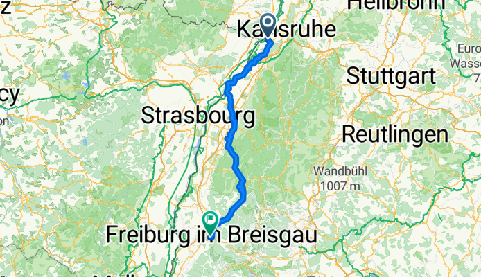 nach Freiburg über Rastatt - Renchen - die badische Weinstraße nach Gengenbach -  ins Kinzigtal bis Haslach - nach Hofstetten über den Salmenbusch nach Elzach d