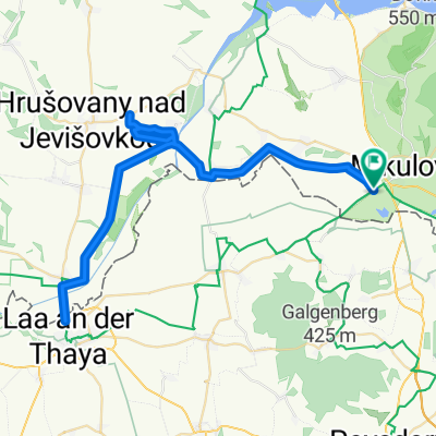 Mikulov - Březí - Nový Přerov - okruh u Jevišovky - Hevlín - státní hranice ČR/AT a zpět