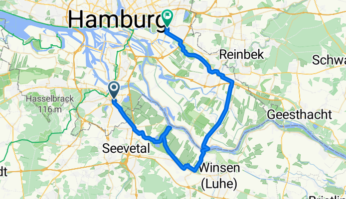 Von Harburg nach Hoopte mit der Fähre nach Zollenspieker dann nach Bergedorf und über Boberg nach Billstedt