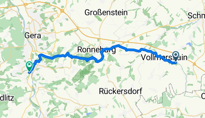 Dorfstraße 70, Vollmershain nach Karl-Matthes-Straße 74, Gera