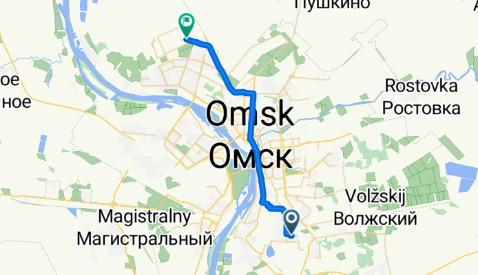 От 10-я Чередовая улица, 27/1, Омск до Комбинатская улица, 18, Омск