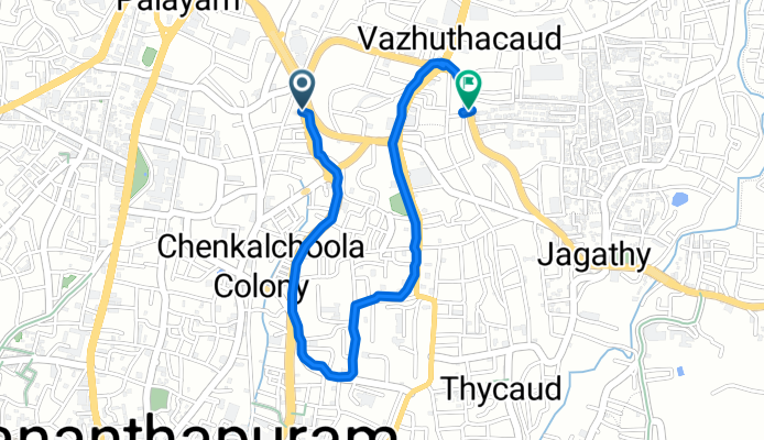 Bakery Junction Road, Thiruvananthapuram to TNB1, Bhakti Vilasam Road, Thiruvananthapuram
