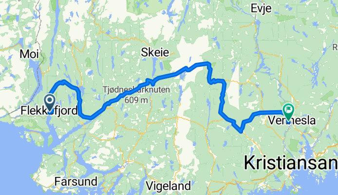 Flekkefjord,Liknes,Birkeland, Øvre Øyna, Glåpeveien, Bjelland, Koland, Kilen til Vennesla.