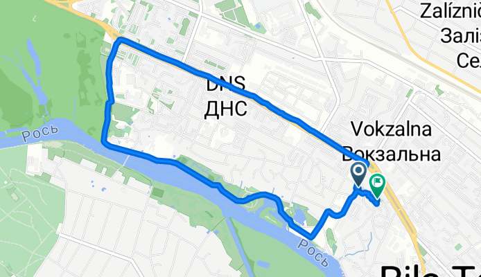 От 2-й Партизанский переулок, 12, Белая Церковь до Александрийский бульвар, 77, Белая Церковь