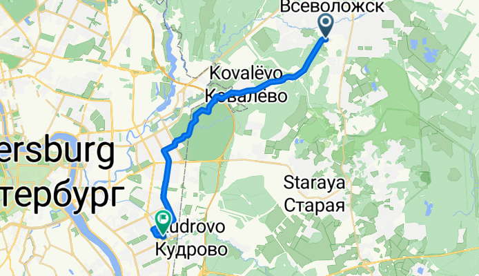 От Длинная улица 2, Всеволожск до улица Дыбенко 28, Санкт-Петербург