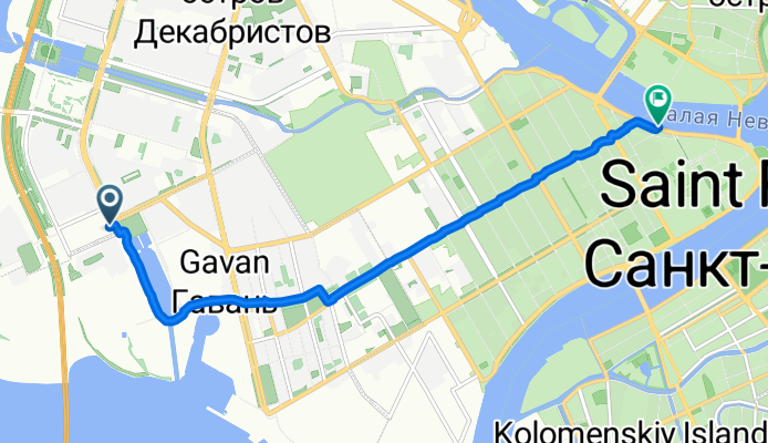 От улица Кораблестроителей, 14Д, Санкт-Петербург до набережная Макарова, Санкт-Петербург