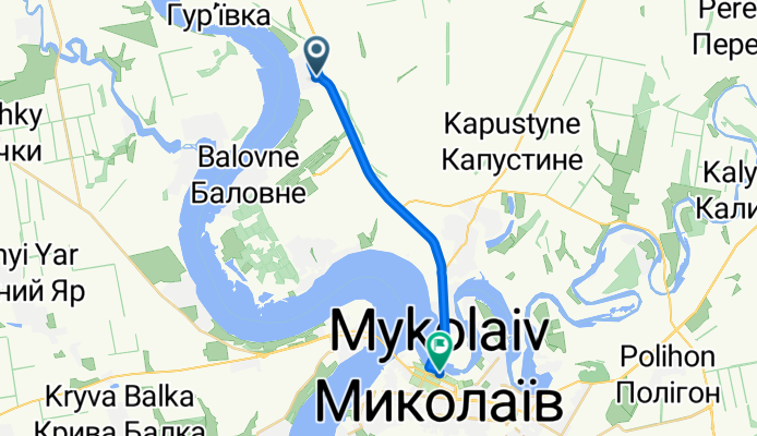 От вулиця Перемоги, Костянтинівка до Набережна вулиця 6, Миколаїв